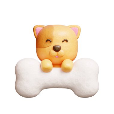 Kemikli 3 boyutlu sevimli köpek, çizgi film karakteri, 3 boyutlu çizim.