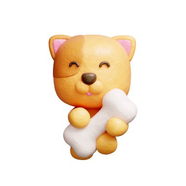 Kemikli 3 boyutlu sevimli köpek, çizgi film karakteri, 3 boyutlu çizim.