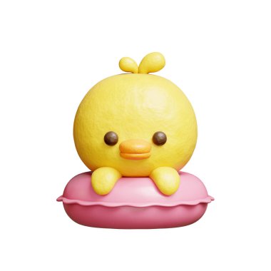 Plastik yüzme yüzüklü 3 boyutlu şirin ördek, çizgi film karakteri, 3 boyutlu çizim.