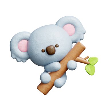 3 boyutlu sevimli koala, ağaç, çizgi film karakteri, 3 boyutlu çizim.