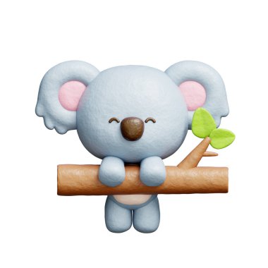 3 boyutlu sevimli koala, ağaç, çizgi film karakteri, 3 boyutlu çizim.