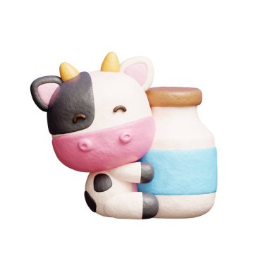 Süt şişeli 3 boyutlu şirin inek, çizgi film karakteri, 3 boyutlu çizim.