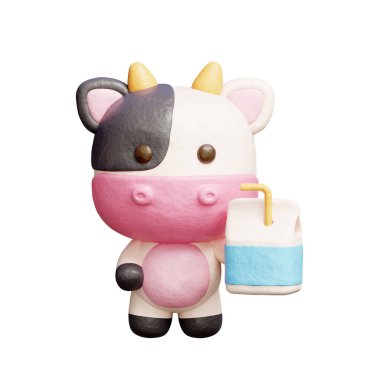 Süt şişeli 3 boyutlu şirin inek, çizgi film karakteri, 3 boyutlu çizim.