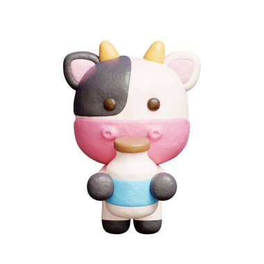 Süt şişeli 3 boyutlu şirin inek, çizgi film karakteri, 3 boyutlu çizim.