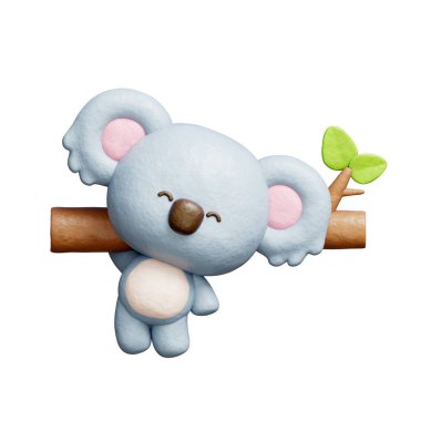 3 boyutlu sevimli koala, ağaç, çizgi film karakteri, 3 boyutlu çizim.