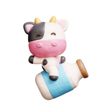 Süt şişeli 3 boyutlu şirin inek, çizgi film karakteri, 3 boyutlu çizim.