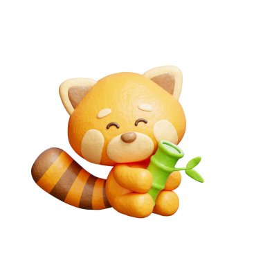 3 boyutlu şirin kırmızı panda, bambu, çizgi film karakteri, 3 boyutlu çizim.