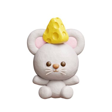 Peynirli 3 boyutlu şirin fare, çizgi film karakteri, 3 boyutlu çizim.