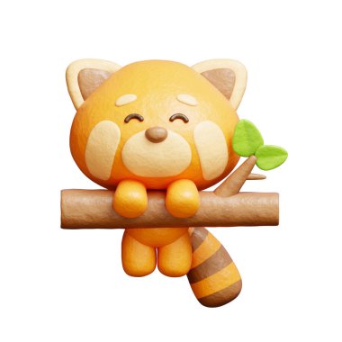 3 boyutlu şirin kırmızı panda, bambu, çizgi film karakteri, 3 boyutlu çizim.