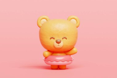 Plastik yüzme yüzüklü 3 boyutlu sevimli ayı, çizgi film karakteri, 3 boyutlu çizim.