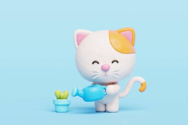 3 boyutlu şirin kedi sulama bitkisi, çizgi film karakteri, 3 boyutlu çizim.