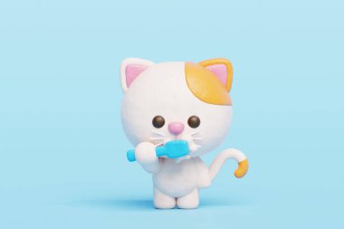 Dişlerini fırçalayan 3 boyutlu sevimli kedi, çizgi film karakteri, 3 boyutlu çizim