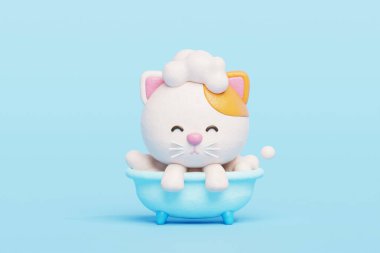 Küvette banyo yapan 3 boyutlu şirin kedi duşu, çizgi film karakteri, 3 boyutlu canlandırma.