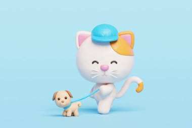 Köpekle yürüyen 3 boyutlu sevimli kedi, çizgi film karakteri, 3 boyutlu canlandırma.