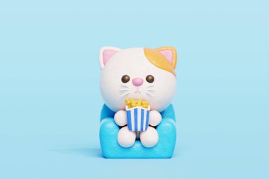 3 boyutlu şirin kedi film izliyor, çizgi film karakteri, 3 boyutlu canlandırma.