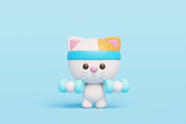 3 boyutlu şirin kedi, halterli egzersiz, çizgi film karakteri, 3 boyutlu tasarım.