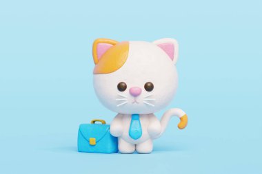 3 boyutlu şirin kedi işi kravat takmak, çizgi film karakteri, 3 boyutlu çizim.