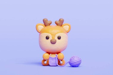 Üç boyutlu şirin geyik örgü, çizgi film karakteri, üç boyutlu çizim.