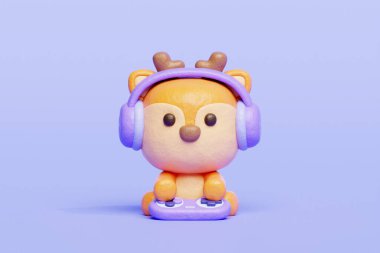 3 boyutlu şirin geyik video oyunu oynuyor, çizgi film karakteri, 3 boyutlu çizim.