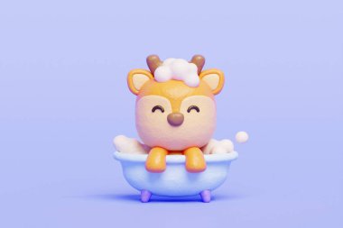 Küvette banyo yapan 3 boyutlu şirin geyik duşu, çizgi film karakteri, 3 boyutlu tasarım.