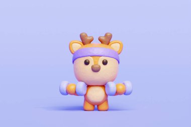 3 boyutlu sevimli geyik, halterli egzersiz, çizgi film karakteri, 3 boyutlu tasarım.