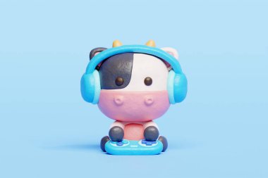 3D cute cow playing video game, Cartoon animal character, 3D rendering