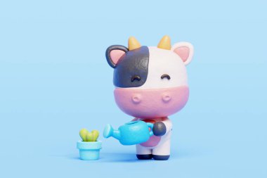 3 boyutlu şirin inek sulama bitkisi, çizgi film karakteri, 3 boyutlu çizim.