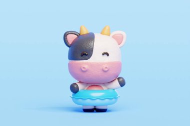 Plastik yüzme yüzüklü 3 boyutlu şirin inek, çizgi film karakteri, 3 boyutlu çizim..