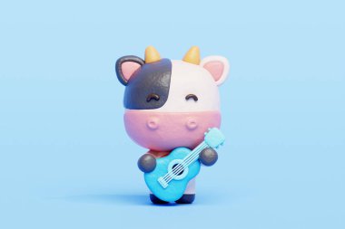 3 boyutlu sevimli inek gitar çalıyor, çizgi film karakteri, 3 boyutlu çizim.