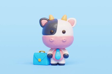 3 boyutlu şirin inek işi kravat takmak, çizgi film karakteri, 3 boyutlu çizim.