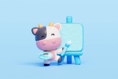 Tuvalde 3 boyutlu şirin inek resmi, karikatür karakteri, 3 boyutlu çizim.