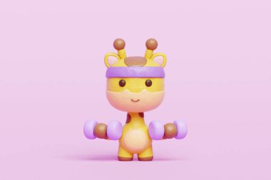 3 boyutlu şirin zürafa, halterli egzersiz, çizgi film karakteri, 3 boyutlu çizim.