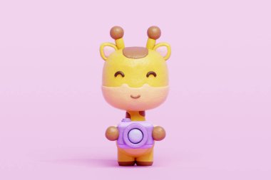 3D sevimli zürafa elinde kamera, çizgi film karakteri, 3D görüntüleme.