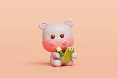 3D sevimli su aygırı günlük yazıyor, karikatür karakteri, 3D çizim.