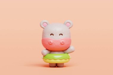 Plastik yüzme yüzüklü 3 boyutlu sevimli su aygırı, çizgi film karakteri, 3 boyutlu çizim.