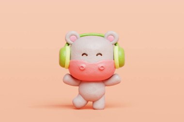 3D sevimli su aygırı kulaklıkla müzik dinliyor, çizgi film karakteri, 3D canlandırma.