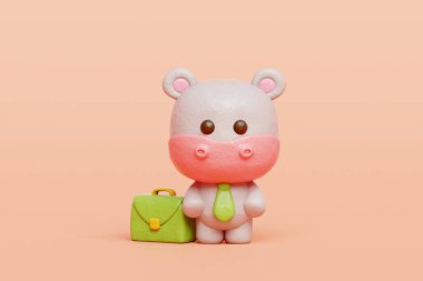 3 boyutlu şirin su aygırı işi kravat takmak, çizgi film karakteri, 3 boyutlu çizim.