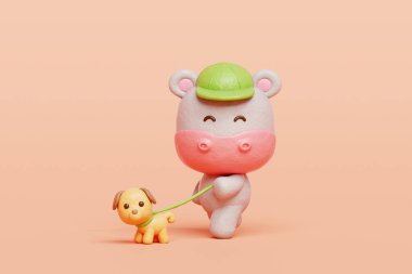 Köpekle yürüyen 3 boyutlu sevimli su aygırı, çizgi film karakteri, 3 boyutlu canlandırma.