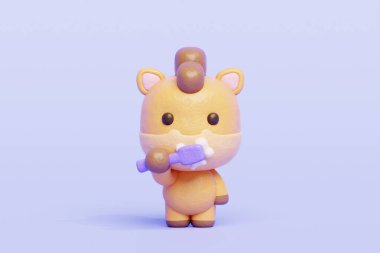 3 boyutlu şirin at dişlerini fırçalama, çizgi film karakteri, 3 boyutlu çizim.