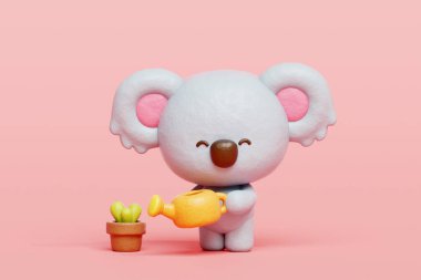 3 boyutlu şirin koala sulama bitkisi, çizgi film karakteri, 3 boyutlu çizim.