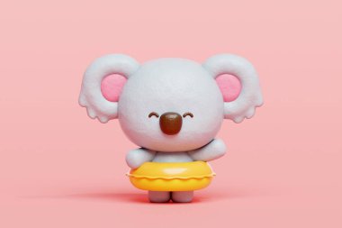 Plastik yüzme yüzüklü 3 boyutlu sevimli koala, çizgi film karakteri, 3 boyutlu çizim.