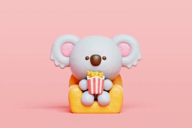 3 boyutlu sevimli koala film izliyor, çizgi film karakteri, 3 boyutlu çizim.