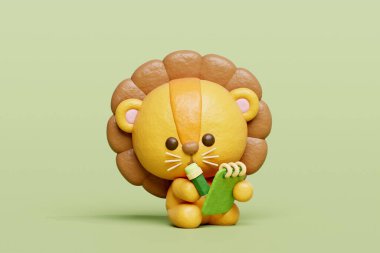 3D sevimli aslan günlük yazıyor, karikatür karakteri, 3D çizim.