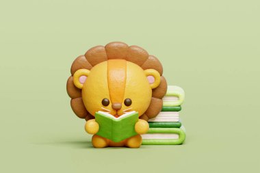 3 boyutlu şirin aslan kitap okuyor, çizgi film karakteri, 3 boyutlu çizim.