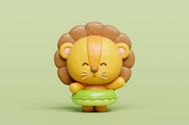 Plastik yüzme yüzüklü 3 boyutlu sevimli aslan, çizgi film karakteri, 3 boyutlu çizim.