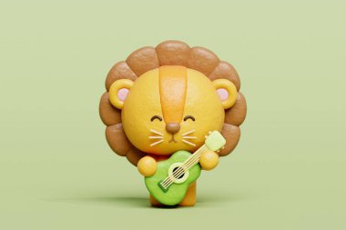 Gitar çalan 3 boyutlu sevimli aslan, karikatür karakteri, 3 boyutlu canlandırma..
