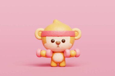 3 boyutlu şirin maymun halterlerle egzersiz yapıyor, çizgi film karakteri, 3 boyutlu canlandırma.