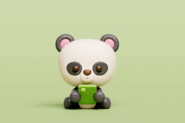3 boyutlu şirin panda akıllı telefondan izliyor, çizgi film karakteri, 3 boyutlu görüntüleme.
