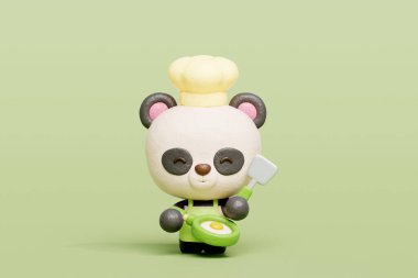 3 boyutlu şirin panda pişirme, çizgi film karakteri, 3 boyutlu çizim.