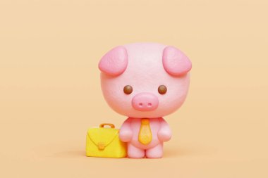 3 boyutlu şirin domuz işi kravat takmak, çizgi film karakteri, 3 boyutlu çizim.